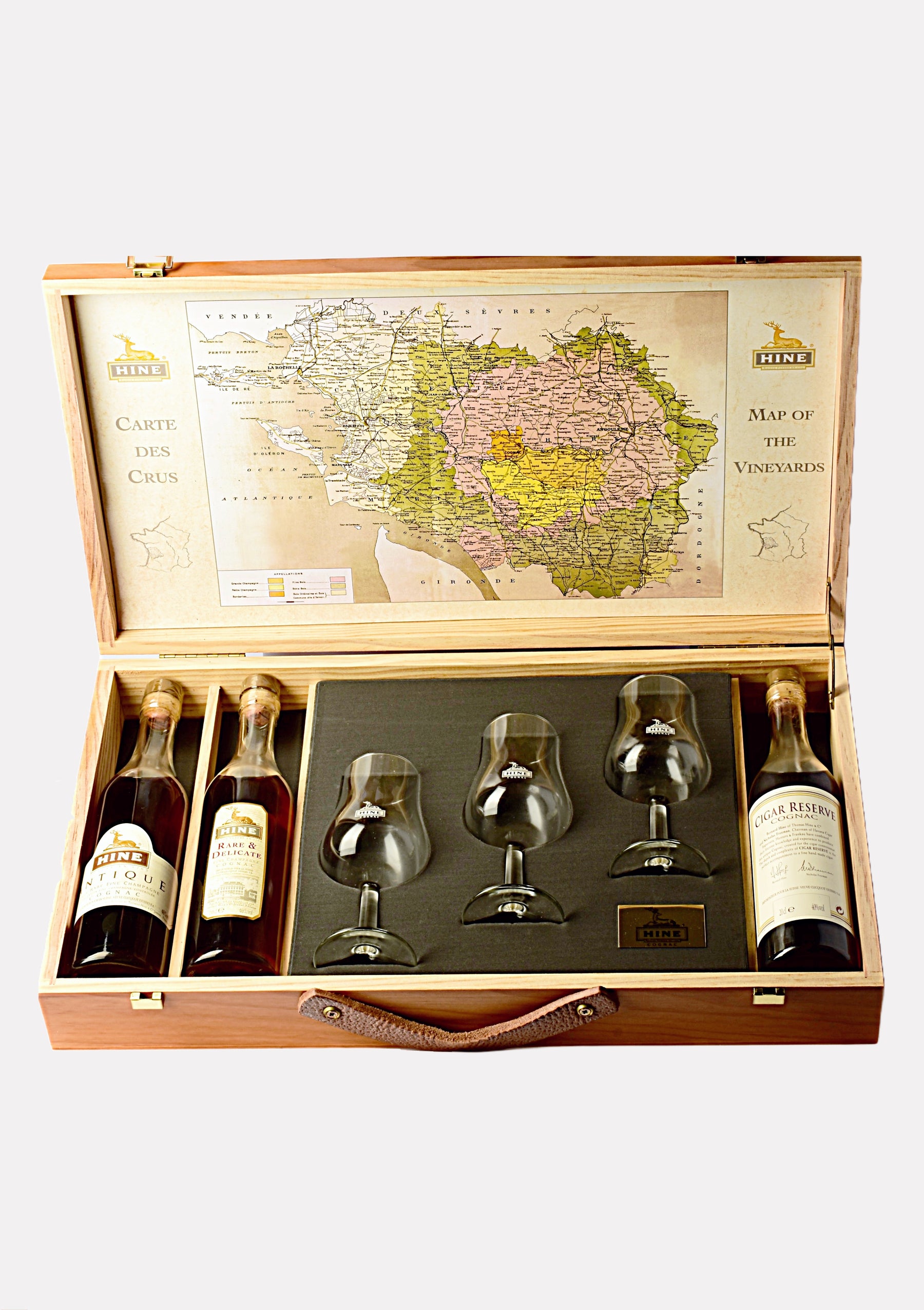 Hine Holzkoffer mit 3 Gläser (Rare & Delicate, Antique, Cigar Reserve Cognac)