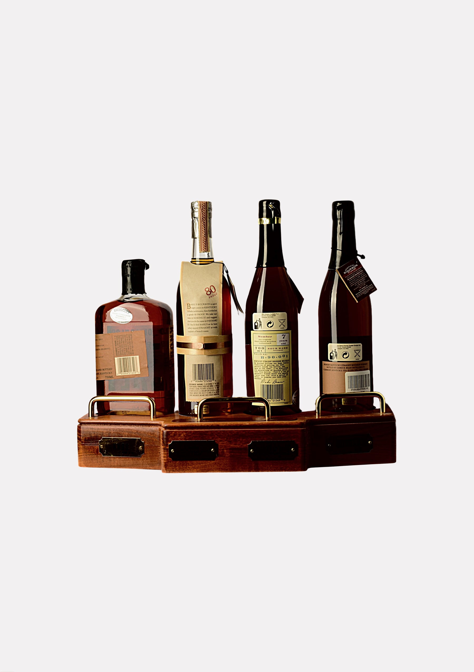 Knob Creek 9, Basil Hayden`s, Baker`s 7, Bookers (4er Set. Incl. Holzregal)